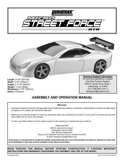 DuraTrax Micro Street Force Assembly and Operation Manual - cover page