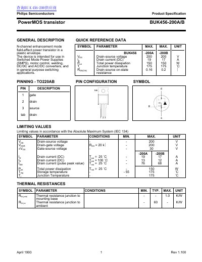 Philips BUK456-200A/B PowerMOS Transistor Datasheet - cover page