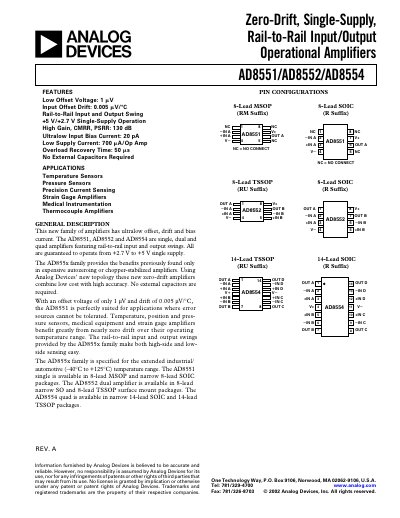 Analog Devices AD8551/AD8552/AD8554 Zero‑Drift Operational Amplifier Datasheet