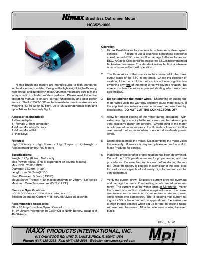 Maxx Products HC3528-1000 Brushless Outrunner Motor User Manual - cover page