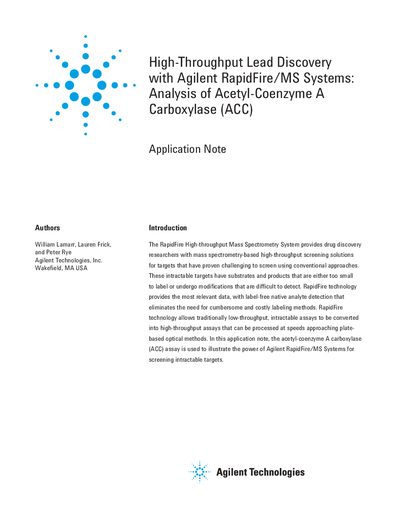 Agilent RapidFire/MS Systems Analysis of Acetyl-Coenzyme A Carboxylase Application Note - cover page