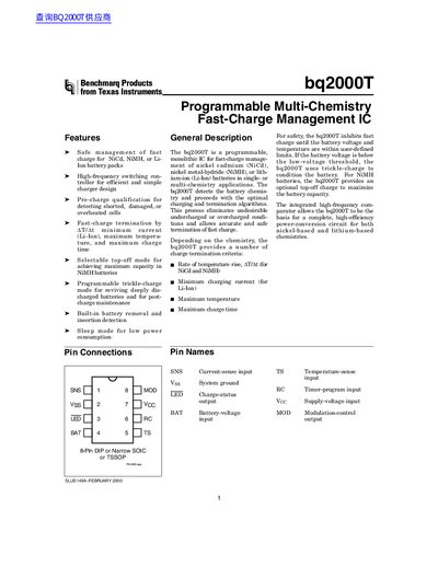 Texas Instruments bq2000T Fast-Charge Management IC Datasheet