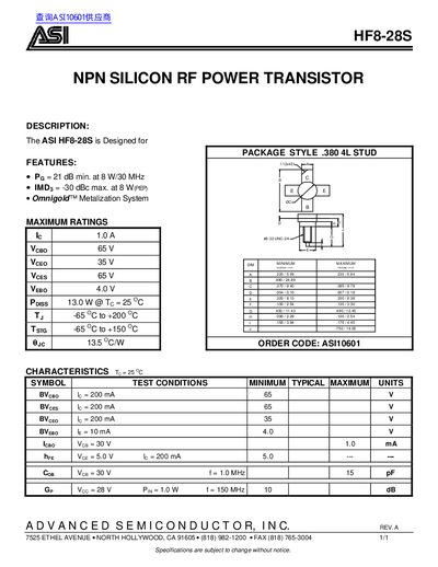 ASI HF8-28S NPN Silicon RF Power Transistor Datasheet - cover page