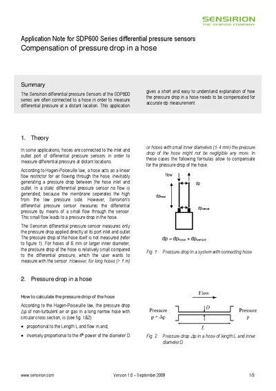 Sensirion SDP600 Application Note Compensation of Pressure Drop in a Hose - cover page