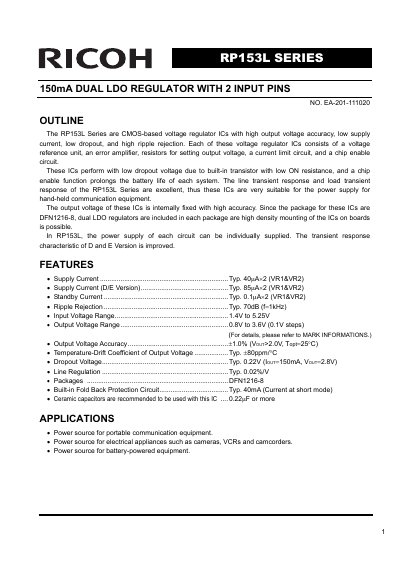 Ricoh RP153L Series Dual LDO Regulator Datasheet - cover page