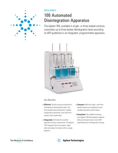 Agilent 100 Automated Disintegration Apparatus Data Sheet - cover page