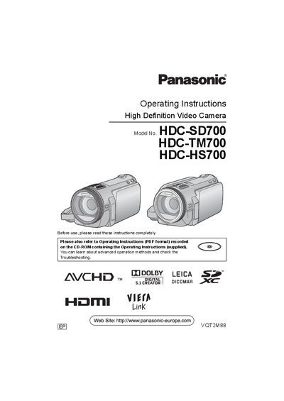 Panasonic HDC-TM700 / HDC-SD700 / HDC-HS700 Operating Instructions - cover page