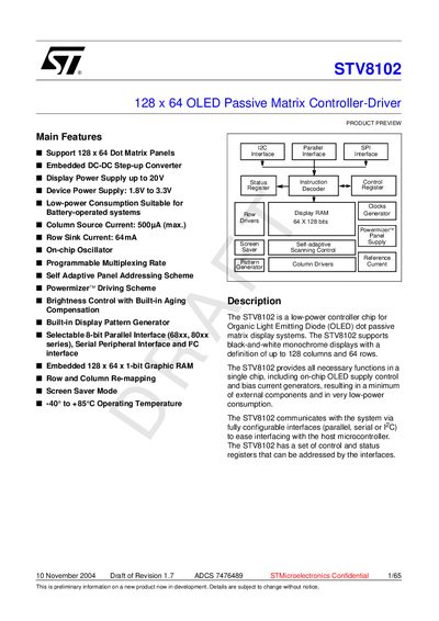 ST STV8102 128 x 64 OLED Passive Matrix Controller-Driver handbook - cover page