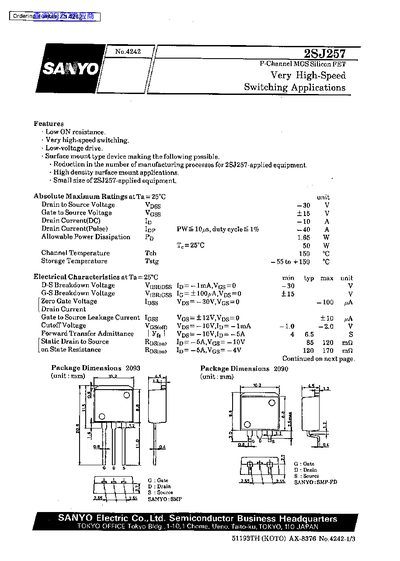 Sanyo 2SJ257 P-Channel MOSFET Datasheet - cover page