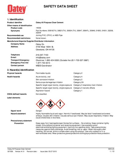 Oatey All Purpose Clear Cement Safety Data Sheet - cover page