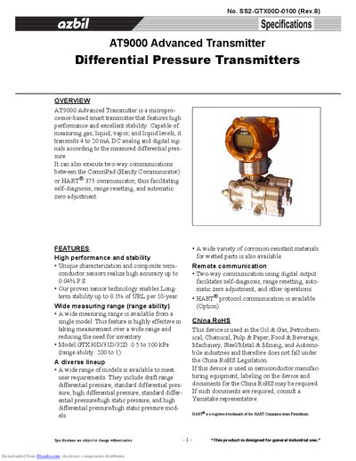 Yamatake GTX30D/31D/32D AT9000 Advanced Transmitter Specification Sheet - cover page
