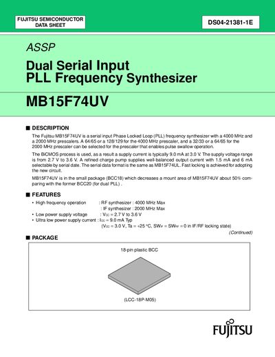 Fujitsu MB15F74UV Dual Serial Input PLL Frequency Synthesizer Data Sheet - cover page
