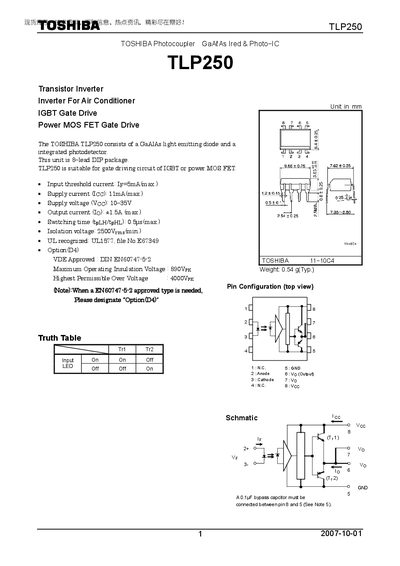 Toshiba TLP250 Photocoupler Datasheet - cover page
