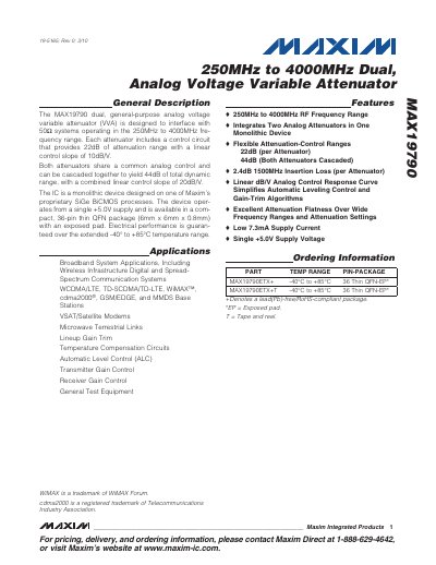 Maxim MAX19790 Dual Analog Voltage Variable Attenuator Datasheet