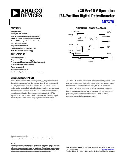 Analog Devices AD7376 Digital Potentiometer Datasheet