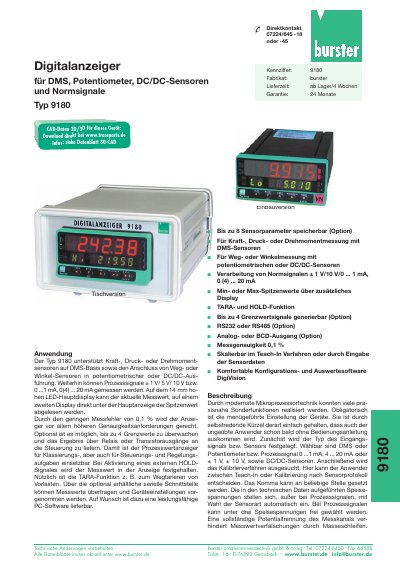 Burster Type 9180 Digital Indicator Product Leaflet - cover page