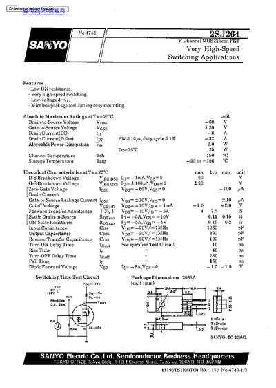 SANYO 2SJ264 P-Channel MOSFET Datasheet - cover page