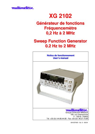 Chauvin Arnoux XG 2102 Function Generator User Manual - cover page