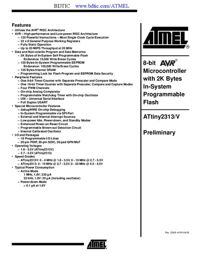 Atmel ATtiny2313 Microcontroller Datasheet - cover page