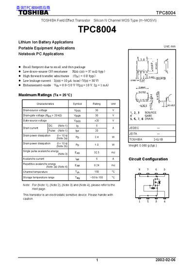 Toshiba TPC8004 MOSFET Datasheet