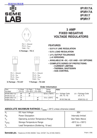 Semelab IP1R17A/IP3R17A Fixed Negative Voltage Regulators Datasheet - cover page