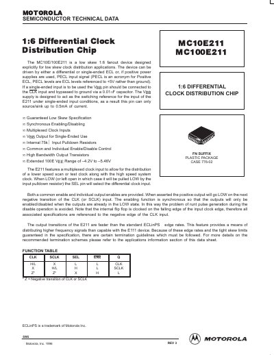 Motorola MC10E211/MC100E211 1:6 Differential Clock Distribution Chip Datasheet - cover page