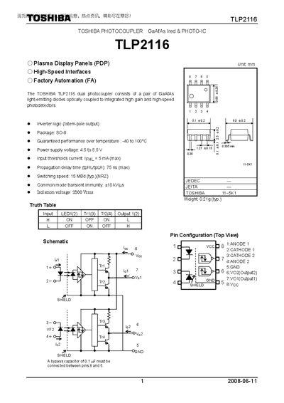 Toshiba TLP2116 Photocoupler Datasheet - cover page