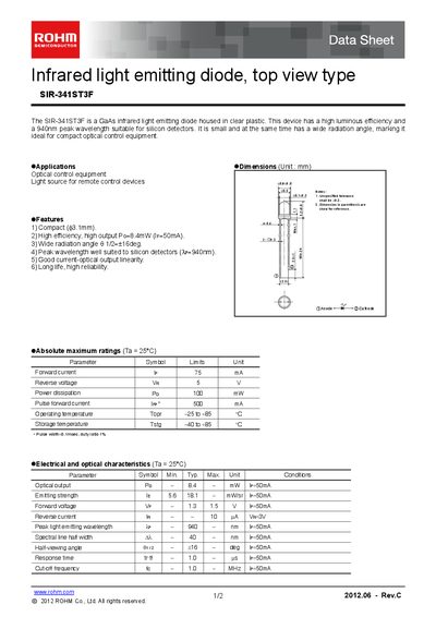 ROHM SIR-341ST3F Infrared LED Datasheet - cover page