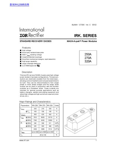 International Rectifier IRK250/IRK270/IRK320 Series Standard Recovery Diodes Magn-a-pak Power Modules Datasheet - cover page