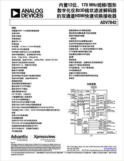 Analog Devices ADV7842 HDMI Receiver and Graphics Digitizer Datasheet - cover page