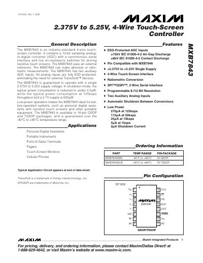 MAXIM MXB7843 2.375V to 5.25V 4-Wire Touch-Screen Controller - cover page