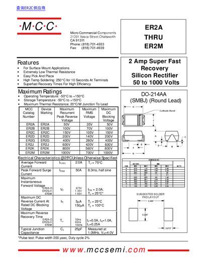 MCC ER2A thru ER2M Silicon Rectifier Datasheet - cover page