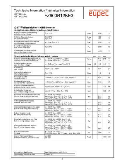 EUPEC FZ600R12KE3 IGBT Module Datasheet - cover page