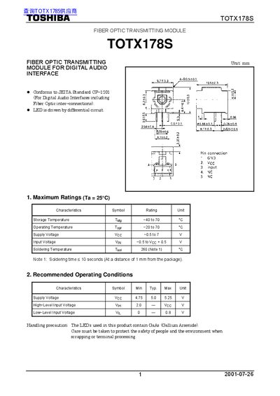 Toshiba TOTX178S Fiber Optic Transmitting Module Manual
