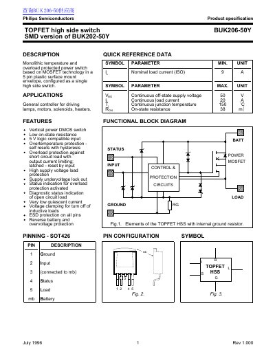 Philips BUK206-50Y TOPFET High Side Switch Datasheet - cover page