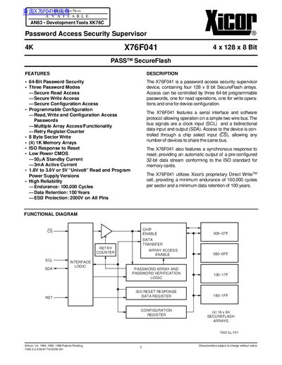 Xicor X76F041 PASS SecureFlash Datasheet - cover page