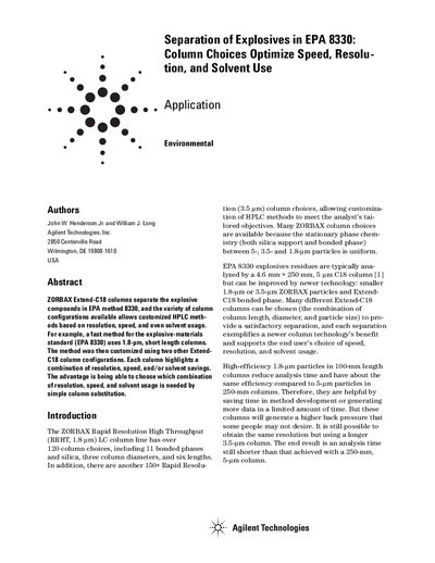 Agilent ZORBAX Extend-C18 Application Note for EPA 8330 Explosives Separation - cover page