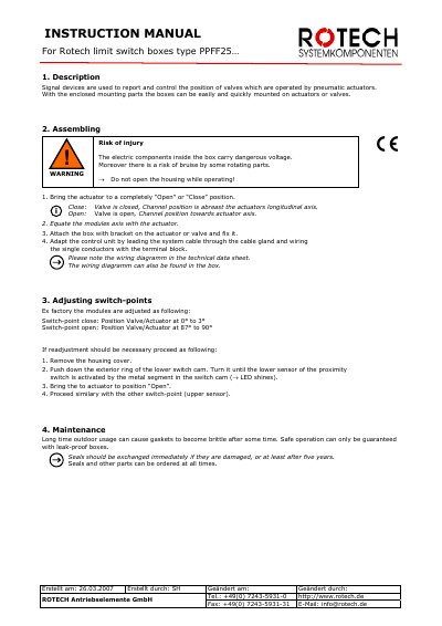 Rotech PPFF25... Limit Switch Box Instruction Manual - cover page