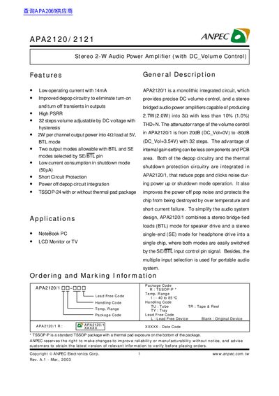 ANPEC APA2120/2121 Stereo 2-W Audio Power Amplifier Datasheet - cover page