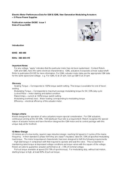 IQM Electric Motor Performance Data for IQM IQML New Generation Modulating Actuators 3 Phase Power Supplies Publication number E430E Issue 1 Date of issue 04/02 Introduction - cover page
