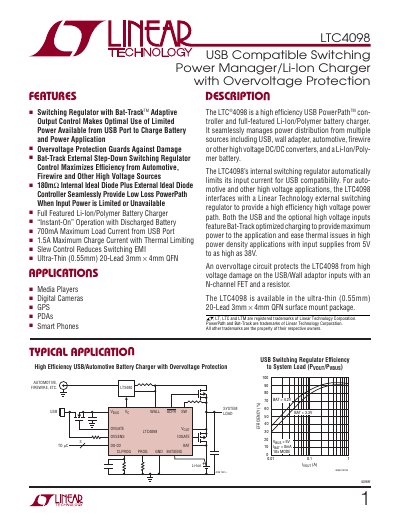 Linear Technology LTC4098 USB Power Manager/Charger Datasheet - cover page