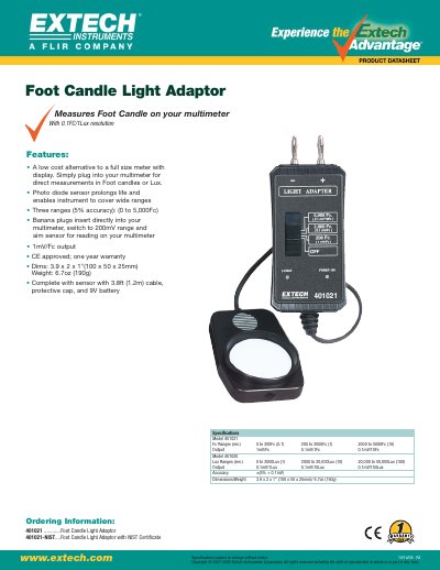 EXTECH 401021 ............Foot Candle Light Adaptor 401021-NIST....Foot Candle Light Adaptor with NIST Certificate Manual - cover page