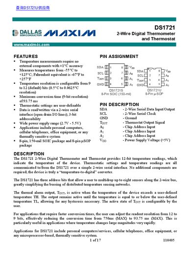 Maxim DS1721 2-Wire Digital Thermometer and Thermostat Datasheet - cover page