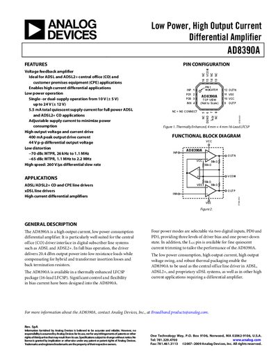 Analog Devices AD8390A Datasheet Handbook - cover page