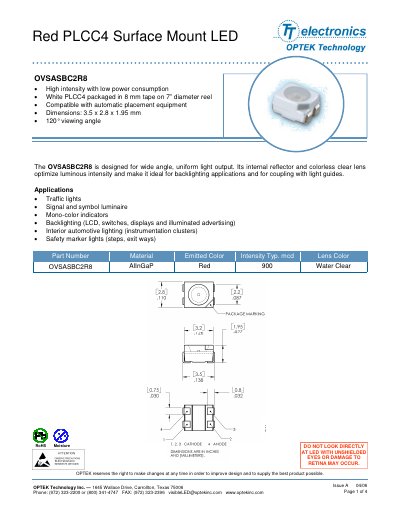 OPTEK OVSASBC2R8 Red PLCC4 Surface Mount LED Datasheet - cover page