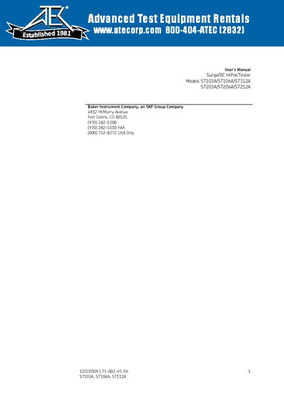 Baker ST103A/ST106A/ST112A Surge/DC HiPot Tester User Manual - cover page