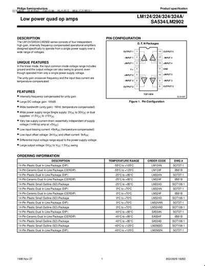 Philips LM124/224/324/324A/SA534/LM2902 Low Power Quad Op Amp Datasheet - cover page