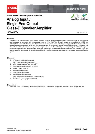 ROHM BD5445EFV Class‑D Speaker Amplifier Datasheet - cover page