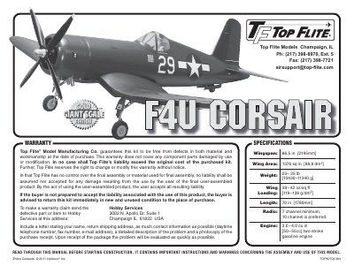 Top Flite F4U Corsair ARF Assembly and Operation Manual - cover page