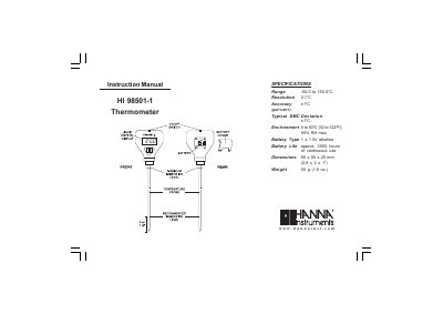 Hanna Instruments HI 98501-1 Thermometer Instruction Manual - cover page